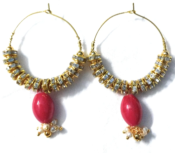 NIBRAS Red Rhinestone Spacers Beads Drop Hoop Earrings - B09JKJPSS2, 10 gm, 6.5cm x 4cm x 1cm